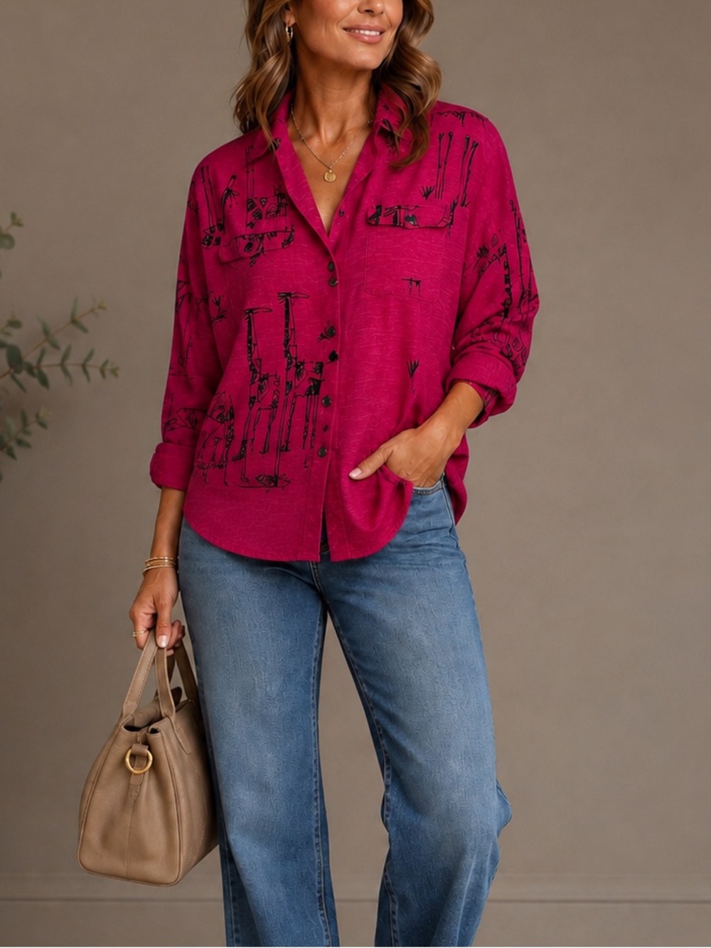 Chico's Pink Giraffe Silk/Linen/Cotton Blend Women's Long Sleeve Shirt Size 1